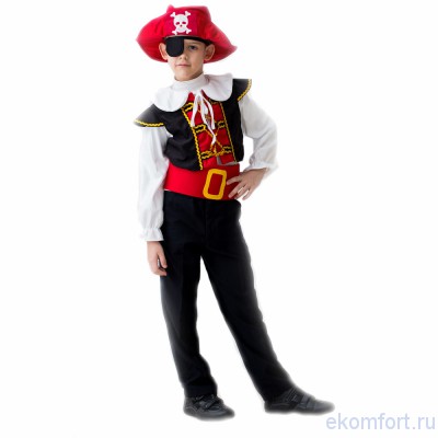 Карнавальный костюм &quot;Пират со шляпой&quot; Карнавальный костюм "Пират со шляпой"
Комплектность костюма: шляпа, повязка на глаз, воротник, рубашка, жилет, пояс.
Ткань:  трикотаж.
Рост 122-134 см.
Возраст  5-7 лет.
Вес 0.3 кг 
Страна-изготовитель: Россия