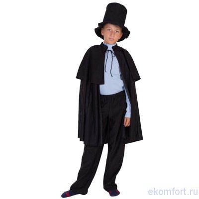 Карнавальный костюм Плащ и шляпа 19 век Карнавальный костюм Плащ и шляпа сшит из качественного атласа и рассчитан на детей 5-7 лет, ростом 122-134 см.