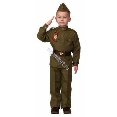 Военный костюм &quot;Солдат&quot; детский В комплект входят: Гимнастёрка, штаны прямые со стрелками, фиксатор в виде ремня, головной убор в виде пилотки

Характеристики:

Материал: полиэстер
Размеры: 26, 28, 30, 32, 34, 36, 38, 40