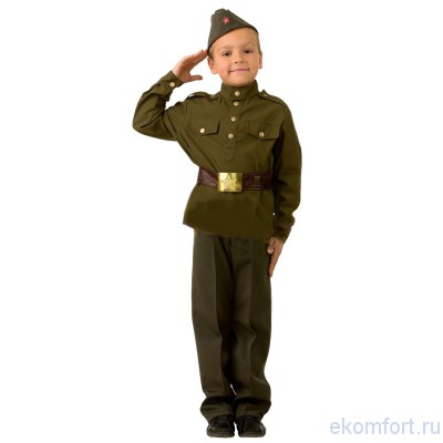 Карнавальный костюм Солдат детский Комплект: гимнастерка, брюки, пилотка, ремень
Ткань: текстиль
Размеры: 28, 30, 32, 34, 36, 38
Произведено в России