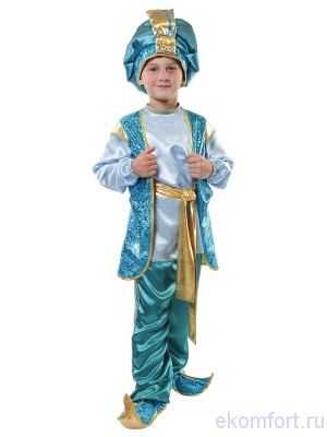 Карнавальный костюм &quot;Султан&quot; В комплекте: рубашка, шаровары, чалма, пояс, туфли
Ткань: атлас
Производитель: Россия