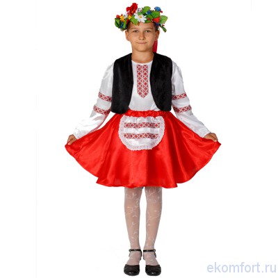 Карнавальный костюм &quot;Украинка 2&quot; Карнавальный костюм "Украинка 2"
В костюм входит: веночек, юбка, рубашка, жилетка.
Материалы: атлас, фатин, велюр.
Размеры: 120-135см
Производство: Украина