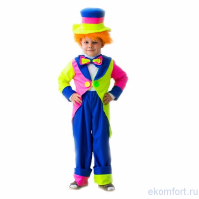 Костюм &quot;Клоун в шляпе&quot; Костюм "Клоун в шляпе" сшит из высококачественного трикотажа,  рассчитан  на детей ростом 122-134 см.В комплекте: фрак, брюки, бабочка и шапка с рыжими волосами на липучке.В этом костюме Ваш ребенок превратится в  веселого и забавного клоуна. 