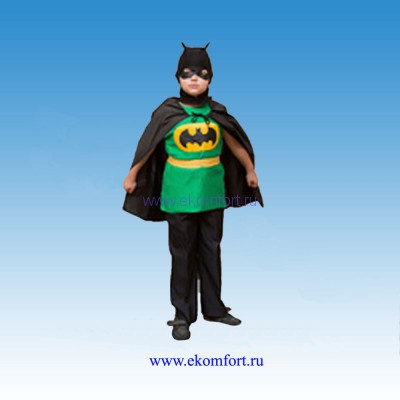 Карнавальный костюм &quot;Бэтмен&quot; Карнавальный костюм "Бэтмен"
Детский костюм из трикотажа для тех, кто хочет почувствовать себя героем
В костюм входит:шапка, маска, безрукавка, пояс, плащ
Костюм рассчитан на детей 5-7 лет рост 122-134 см
Производство:Россия
