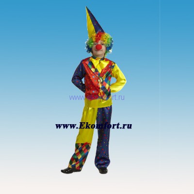 Костюм &quot;Клоун Шкет&quot; Карнавальный костюм "Клоун Шкет", арт. 452  Выполнен из бархата. В комплекте: рубаха с жилетом, брюки, колпак, парик и нос. Размеры: 28,30,32,34,36
Производство: Россия