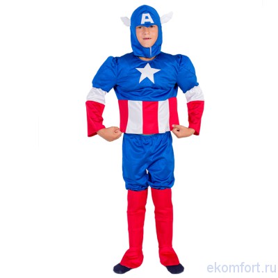Карнавальный костюм &quot;Капитан Америка&quot;  Карнавальный костюм "Капитан Америка" 
Состав костюма: шлем, кофта, грудь и плечи набивные, штаны, сапоги.
Ткань: трикотаж.
Возраст: 5-7 лет
Производитель: Россия