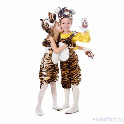 Карнавальный костюм &quot;Тигрята&quot; Карнавальный костюм "Тигр детский"
Комплектность костюма: шапочка, комбинезончик, перчатки.
Ткань: мех, велюр.
Рост: 110-125 см
Производитель:  Украина