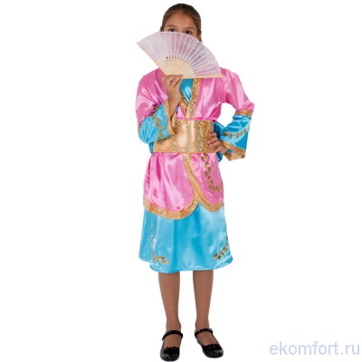 Карнавальный костюм &quot;Китаянка&quot; Карнавальный костюм "Китаянка" выполнен из качественных тканей: атласа и лазера. Рассчитан на девочек 7-10 лет, ростом 128-140 см. Комплектность:туника, пояс, накидка и настоящий веер. Производство: Украина